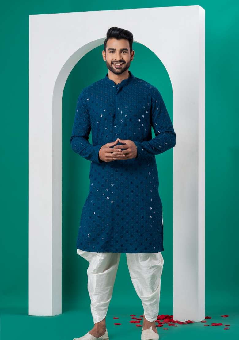 Blue Embroidered Cotton Kurta Dhoti Set For Men - Indya