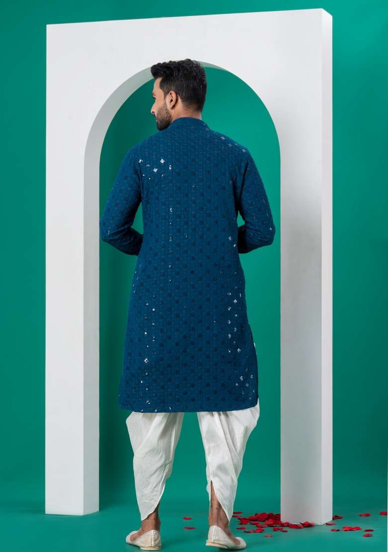 Blue Embroidered Cotton Kurta Dhoti Set For Men - Indya