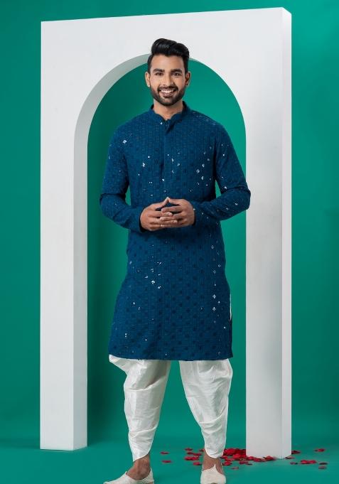 Blue Embroidered Cotton Kurta Dhoti Set For Men