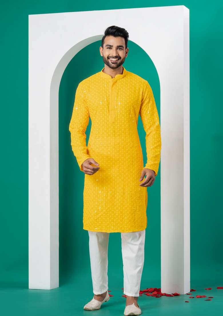 Yellow Embroidered Cotton Kurta Set For Men - Indya