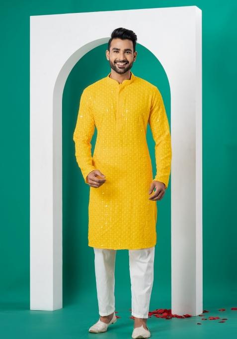 Yellow Embroidered Cotton Kurta Set For Men