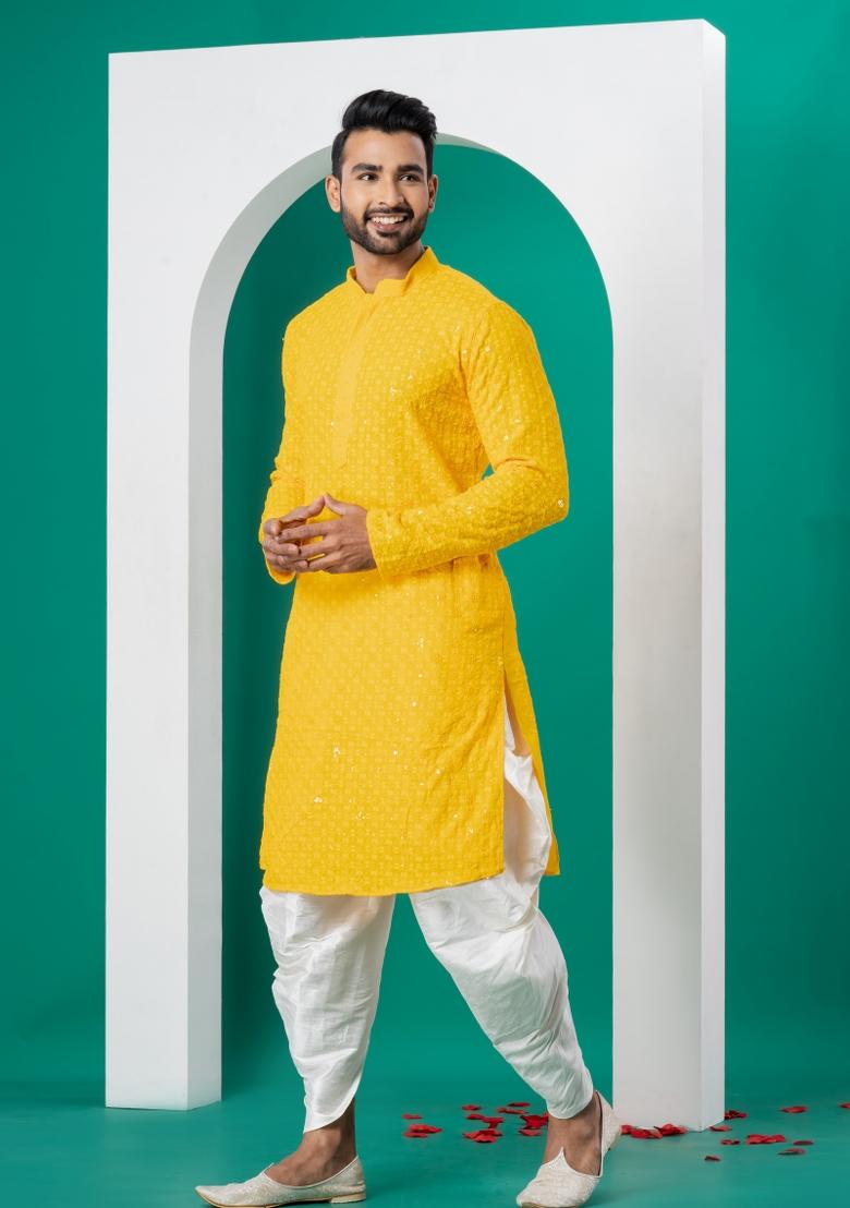 Yellow Embroidered Cotton Kurta Dhoti Set For Men - Indya