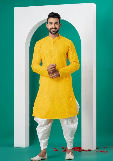 Yellow Embroidered Cotton Kurta Dhoti Set For Men