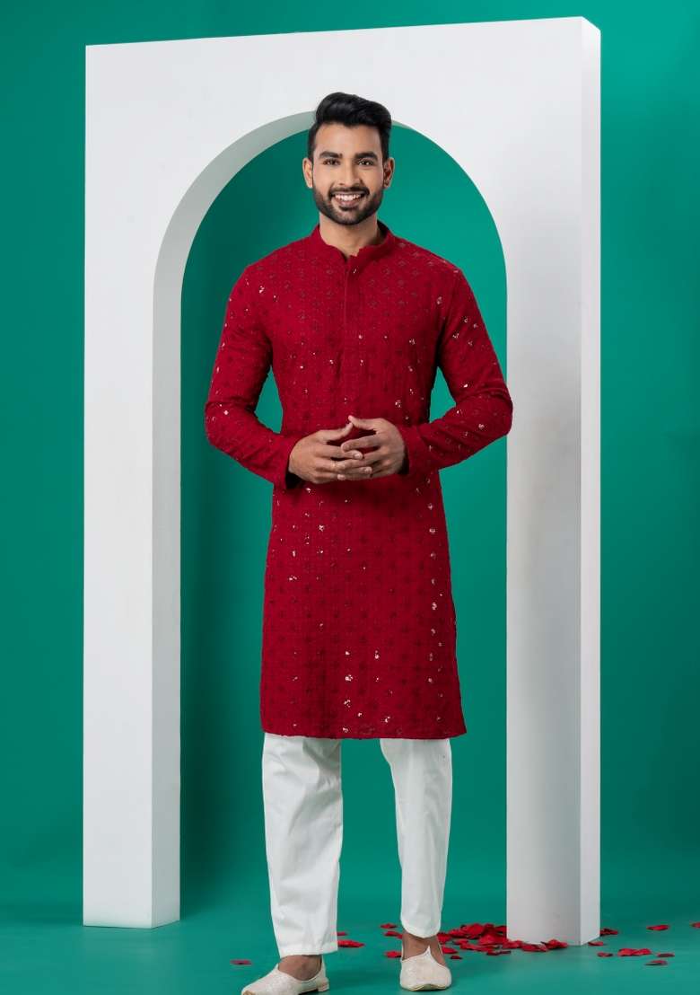 Red Embroidered Cotton Kurta Set For Men - Indya