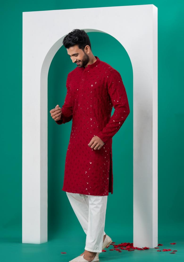 Red Embroidered Cotton Kurta Set For Men - Indya