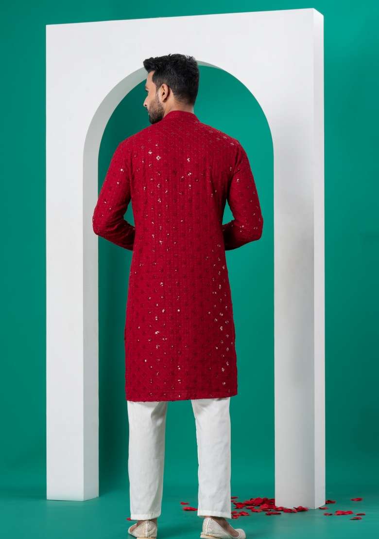 Red Embroidered Cotton Kurta Set For Men - Indya