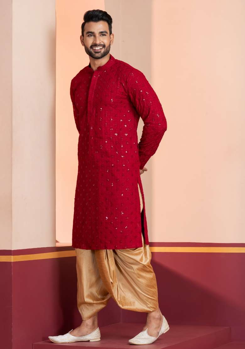Red Embroidered Cotton Kurta Dhoti Set For Men - Indya