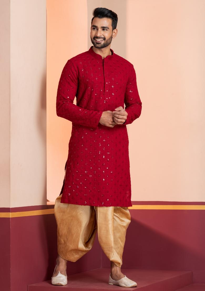 Red Embroidered Cotton Kurta Dhoti Set For Men - Indya