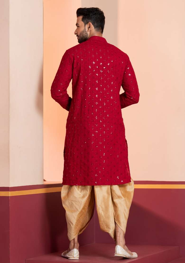 Red Embroidered Cotton Kurta Dhoti Set For Men - Indya