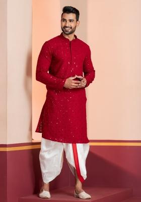 Red Embroidered Cotton Kurta Dhoti Set For Men