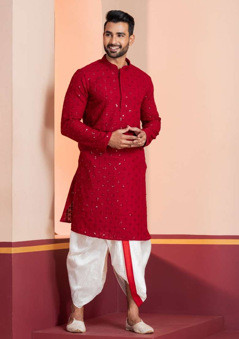 Red Embroidered Cotton Kurta Dhoti Set For Men - Indya