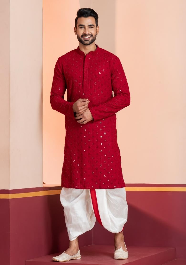 Red Embroidered Cotton Kurta Dhoti Set For Men - Indya
