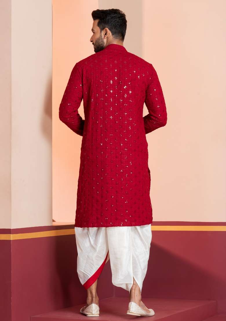 Red Embroidered Cotton Kurta Dhoti Set For Men - Indya