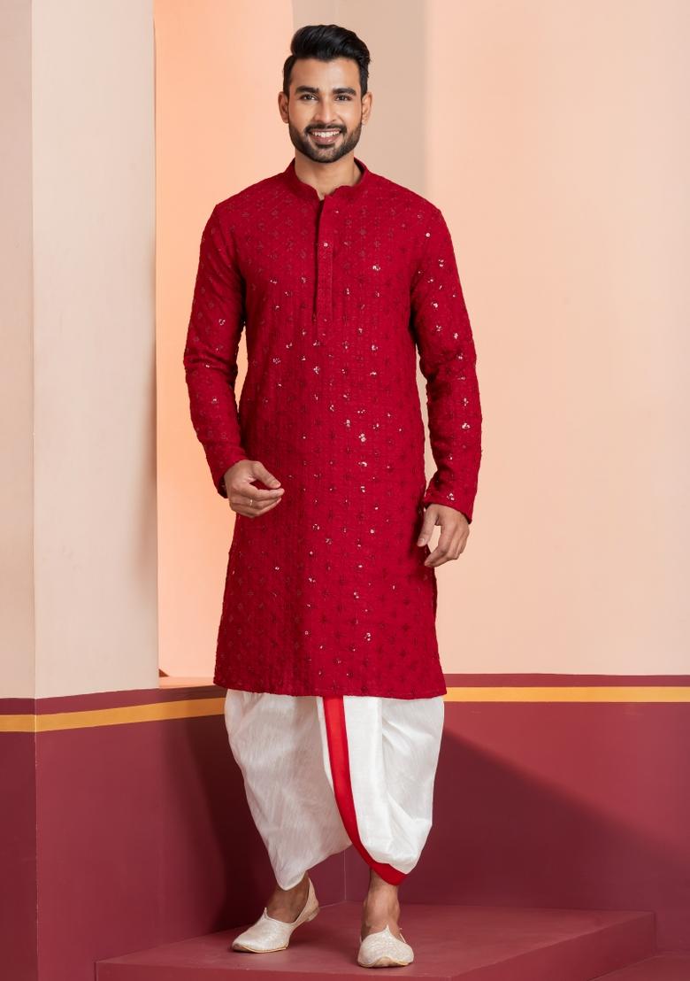 Red Embroidered Cotton Kurta Dhoti Set For Men - Indya