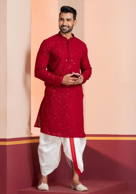Red Embroidered Cotton Kurta Dhoti Set For Men