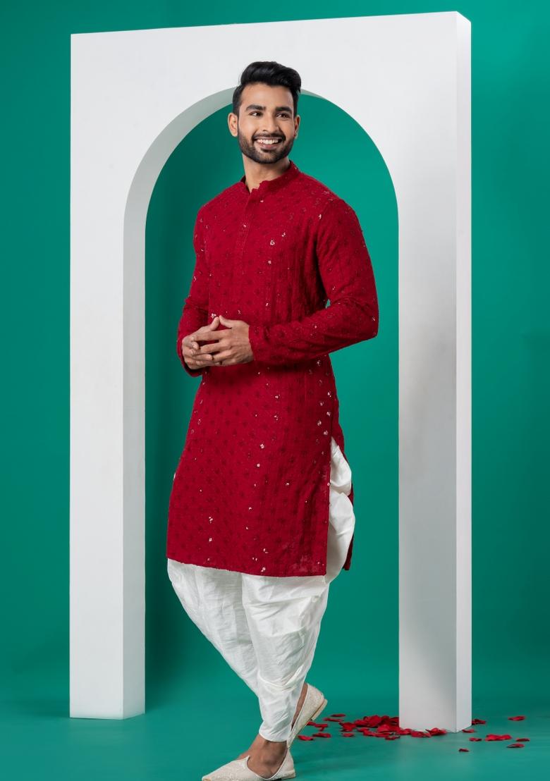 Red Embroidered Cotton Kurta Dhoti Set For Men - Indya