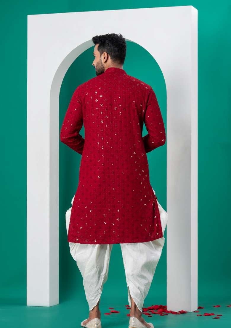 Red Embroidered Cotton Kurta Dhoti Set For Men - Indya