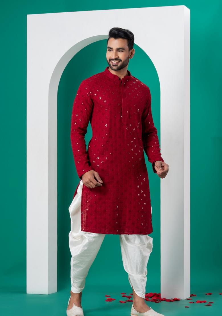 Red Embroidered Cotton Kurta Dhoti Set For Men - Indya