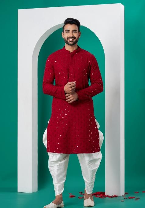 Red Embroidered Cotton Kurta Dhoti Set For Men