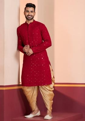 Red Embroidered Cotton Kurta Dhoti Set For Men