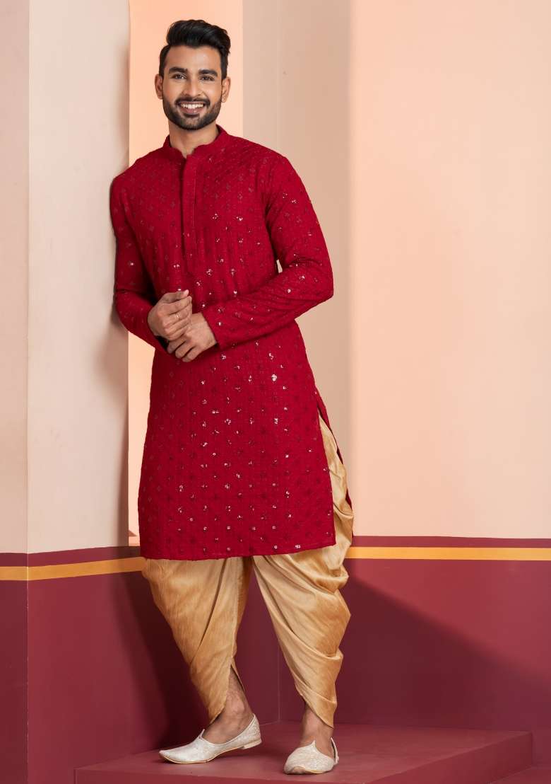 Red Embroidered Cotton Kurta Dhoti Set For Men - Indya