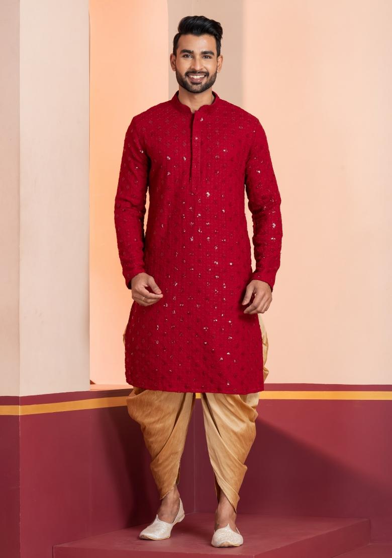Red Embroidered Cotton Kurta Dhoti Set For Men - Indya