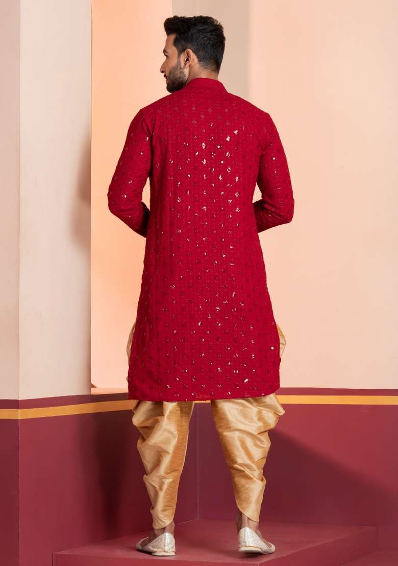 Red Embroidered Cotton Kurta Dhoti Set For Men - Indya