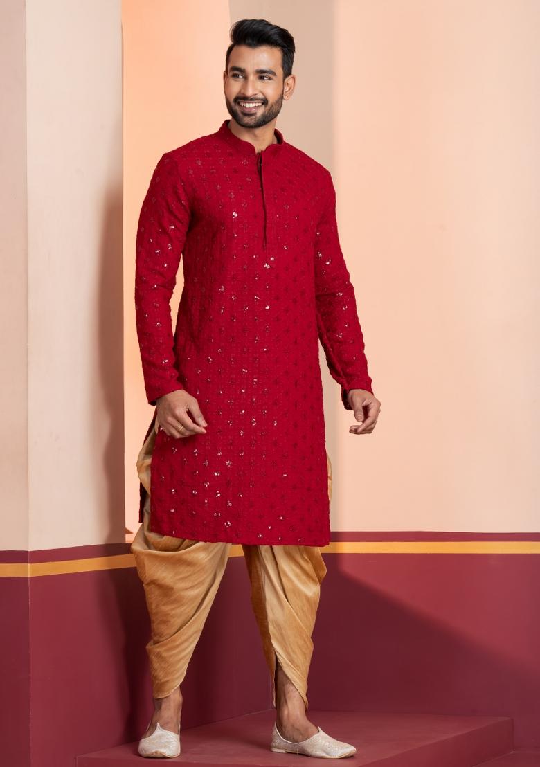 Red Embroidered Cotton Kurta Dhoti Set For Men - Indya