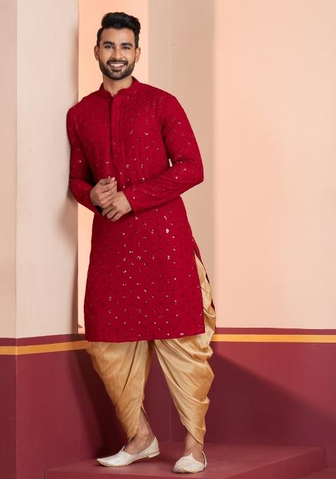 Red Embroidered Cotton Kurta Dhoti Set For Men