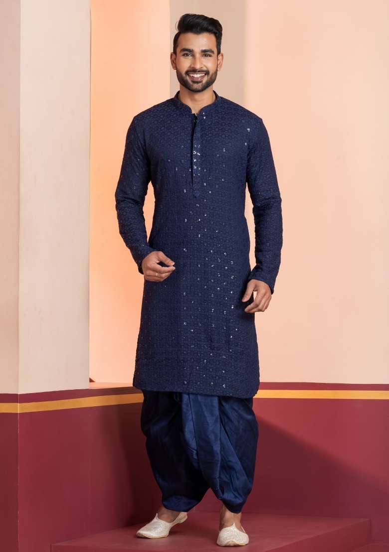 Navy Blue Embroidered Cotton Kurta Dhoti Set For Men - Indya