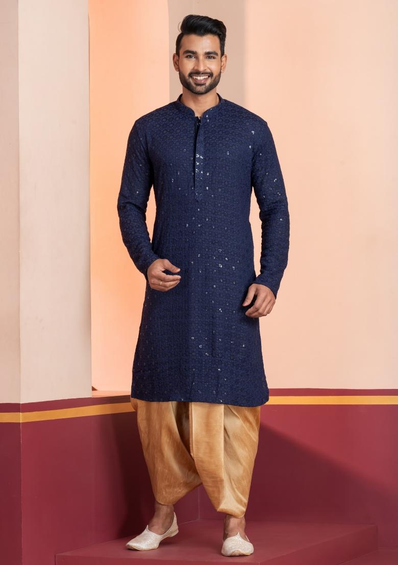 Navy Blue Embroidered Cotton Kurta Dhoti Set For Men - Indya