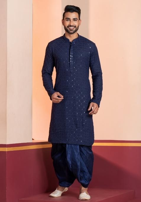 Navy Blue Embroidered Cotton Kurta Dhoti Set For Men