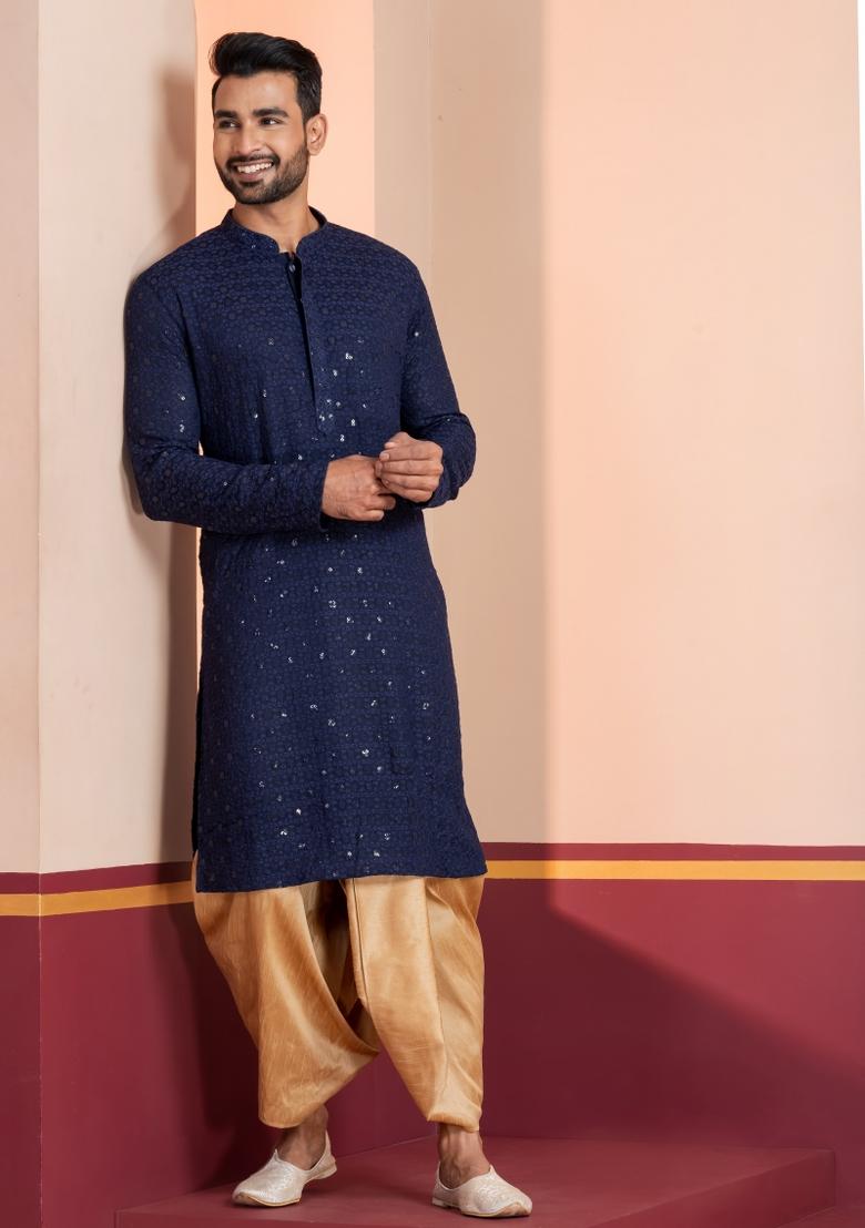 Navy Blue Embroidered Cotton Kurta Dhoti Set For Men - Indya