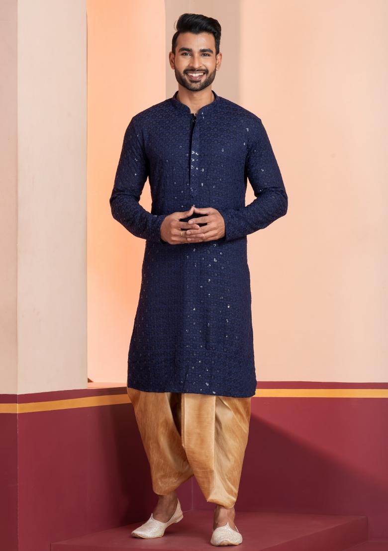 Navy Blue Embroidered Cotton Kurta Dhoti Set For Men - Indya