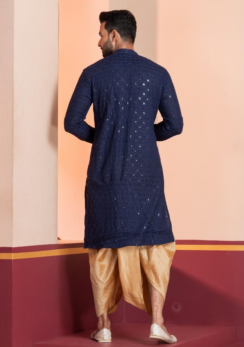 Navy Blue Embroidered Cotton Kurta Dhoti Set For Men - Indya