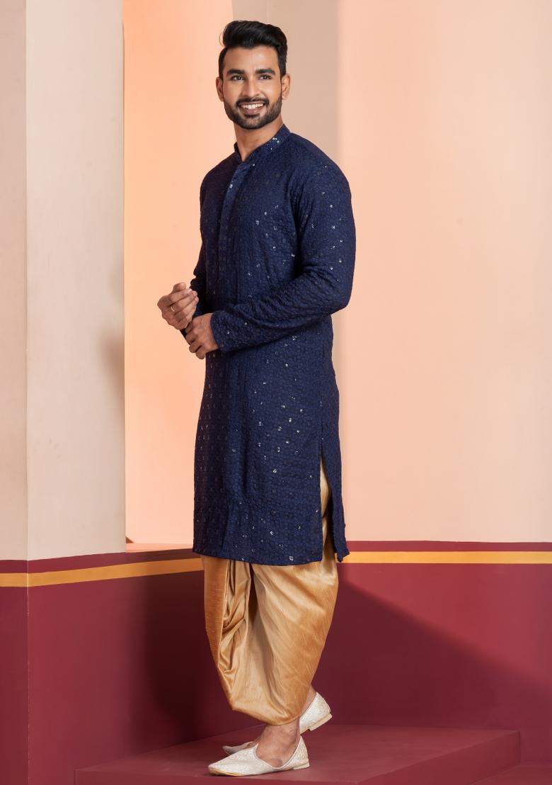 Navy Blue Embroidered Cotton Kurta Dhoti Set For Men - Indya