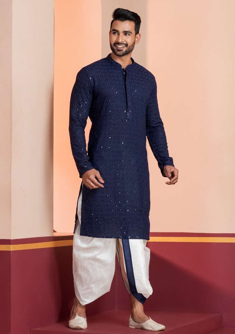 Navy Blue Embroidered Cotton Kurta Dhoti Set For Men - Indya