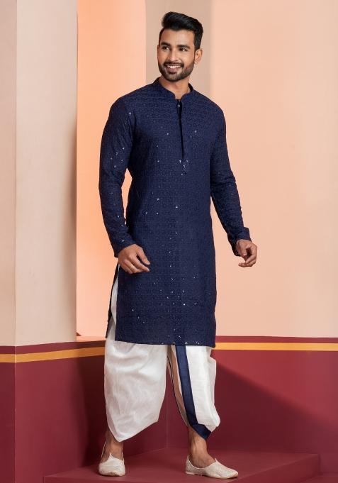 Navy Blue Embroidered Cotton Kurta Dhoti Set For Men