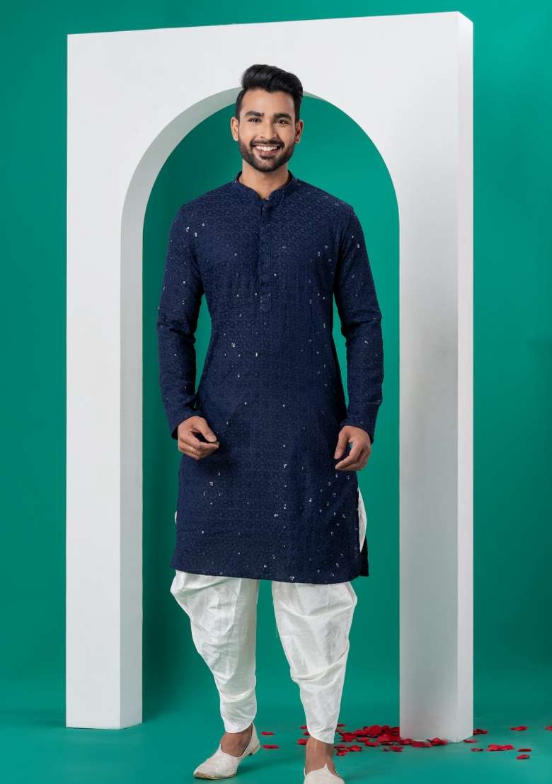 Navy Blue Embroidered Cotton Kurta Dhoti Set For Men - Indya