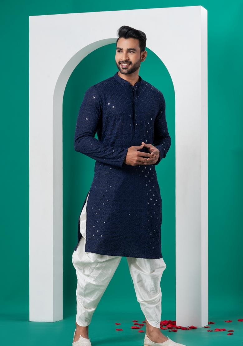 Navy Blue Embroidered Cotton Kurta Dhoti Set For Men - Indya