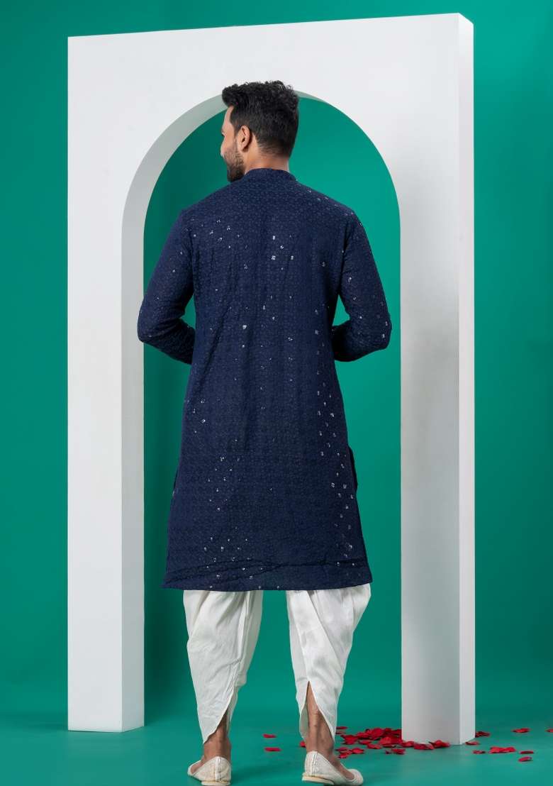 Navy Blue Embroidered Cotton Kurta Dhoti Set For Men - Indya