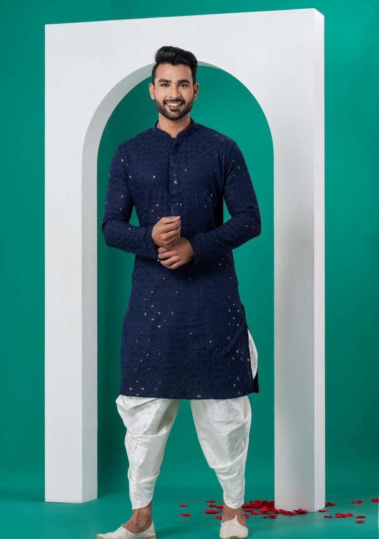 Navy Blue Embroidered Cotton Kurta Dhoti Set For Men - Indya