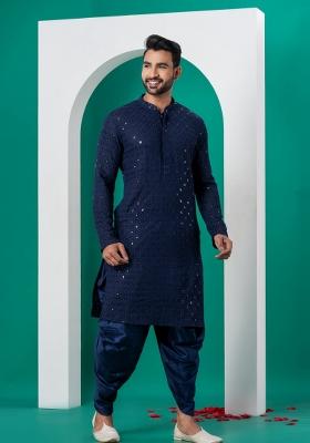 Navy Blue Embroidered Cotton Kurta Dhoti Set For Men