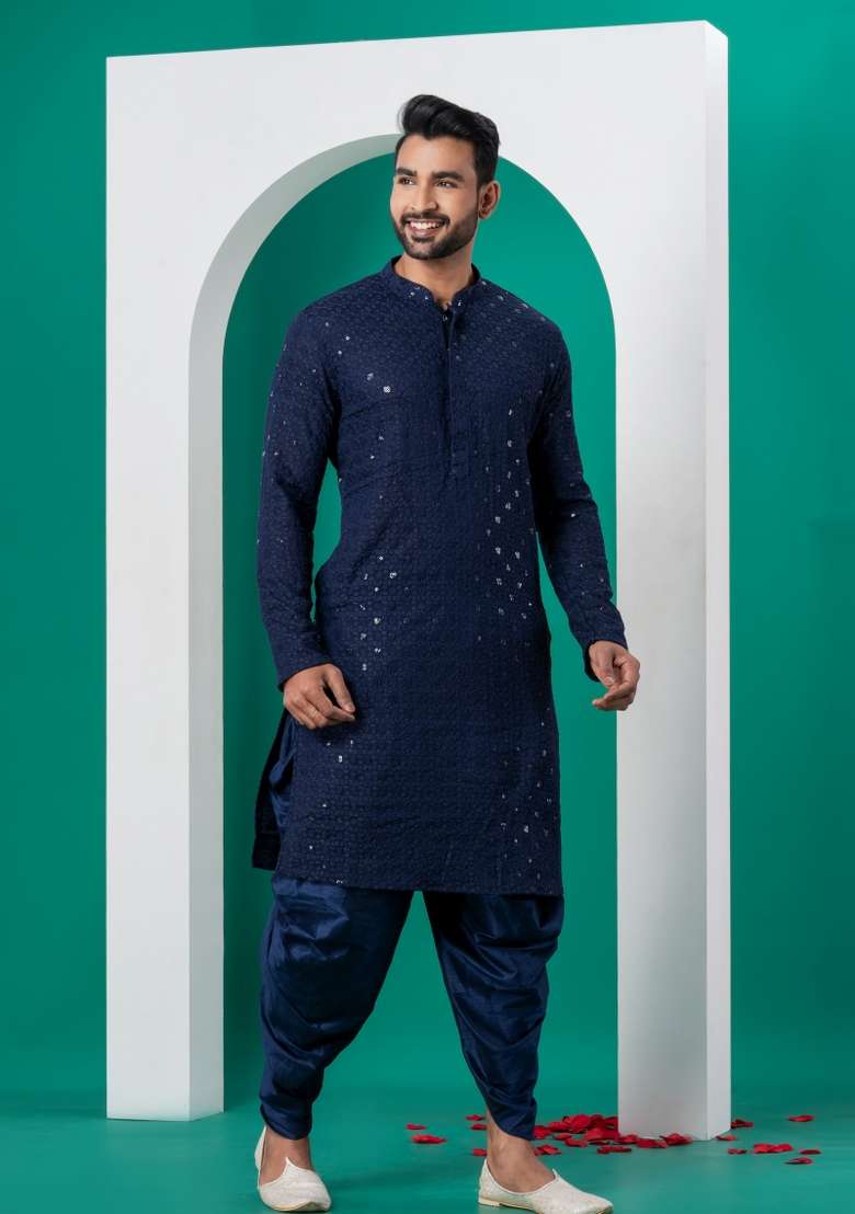 Navy Blue Embroidered Cotton Kurta Dhoti Set For Men - Indya