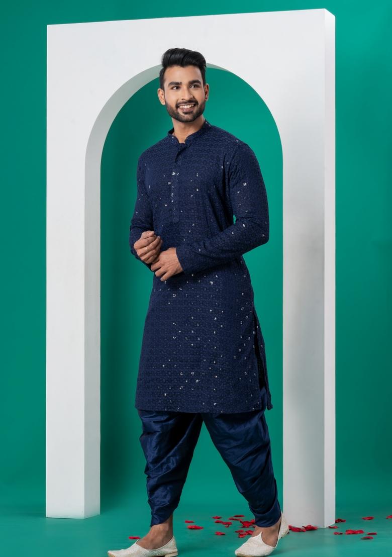 Navy Blue Embroidered Cotton Kurta Dhoti Set For Men - Indya