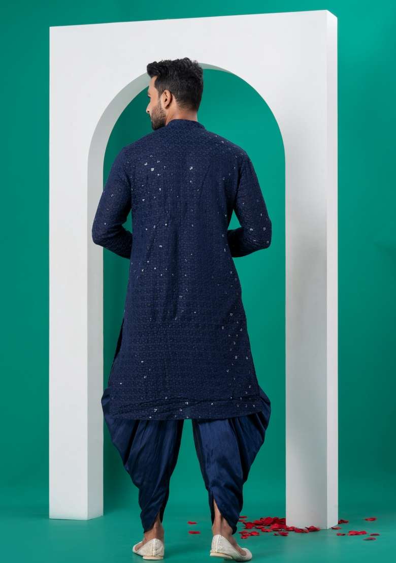 Navy Blue Embroidered Cotton Kurta Dhoti Set For Men - Indya