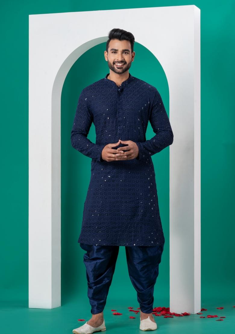 Navy Blue Embroidered Cotton Kurta Dhoti Set For Men - Indya