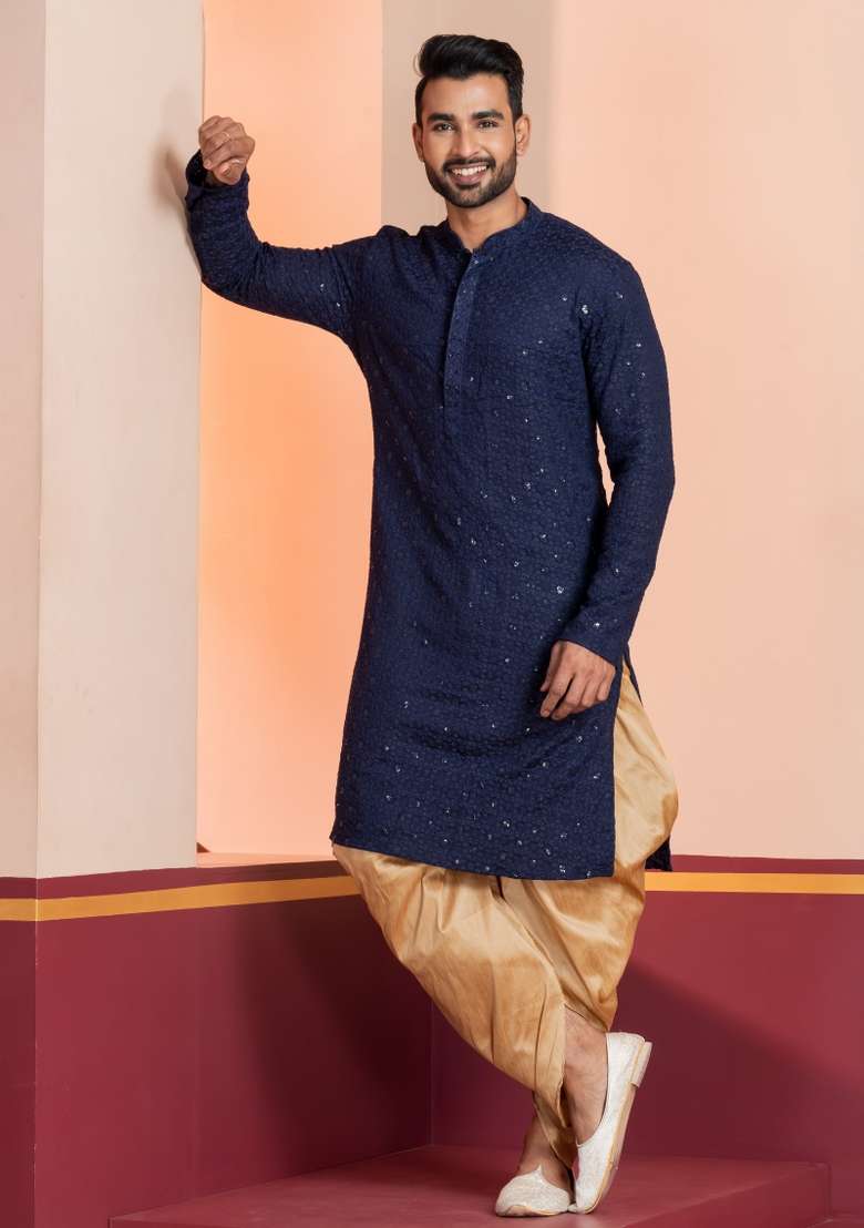 Navy Blue Embroidered Cotton Kurta Dhoti Set For Men - Indya