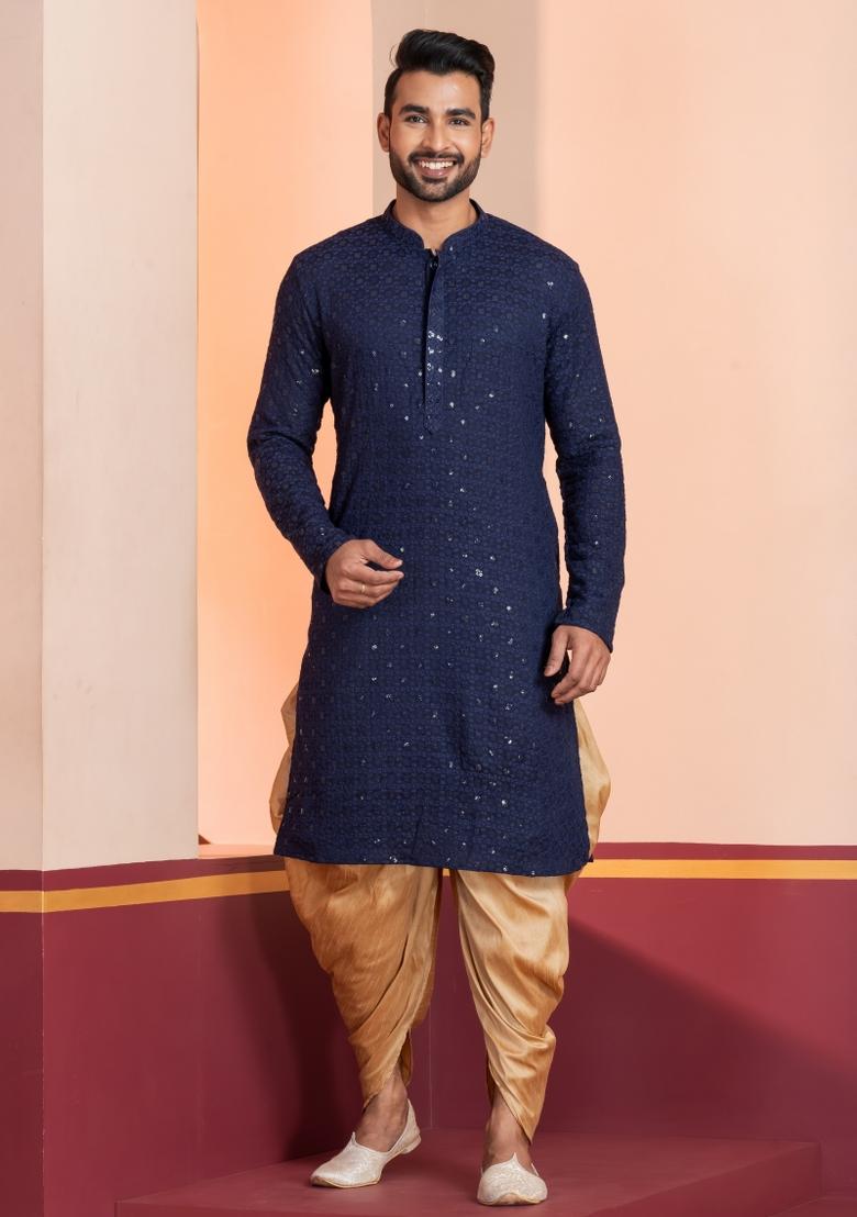 Navy Blue Embroidered Cotton Kurta Dhoti Set For Men - Indya