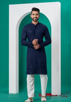 Navy Blue Embroidered Cotton Kurta Set For Men